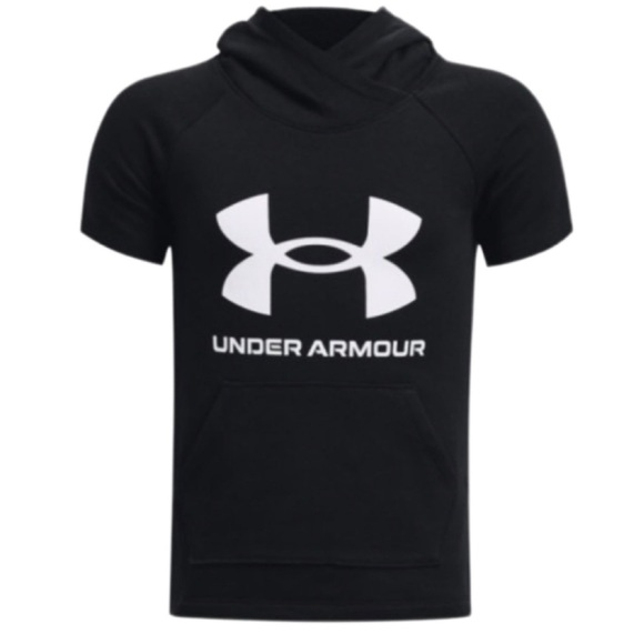 UNDER ARMOUR • Black Short Sleeve Hoodie Workout Rival Sweatshirt Athletic - Picture 1 of 4